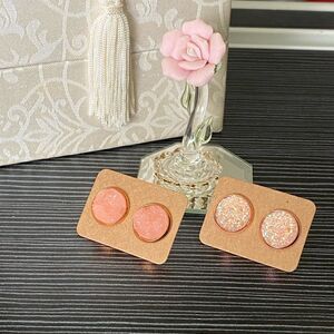 Chunky Coral Druzy Cabochon on Rose Gold Plated Studs Earrings